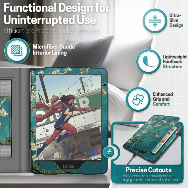 TNP Stand Case for Kindle Paperwhite 12th Generation 2024 / Kindle Colorsoft Signature Edition with Hand Strap & Card Slot - 7" PU Leather Protective Folio Cover with Auto Wake/Sleep, Almond Blossom - Image 8