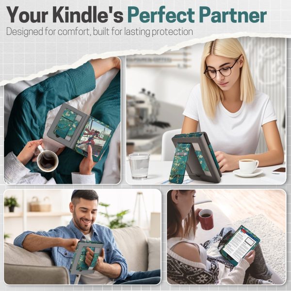 TNP Stand Case for Kindle Paperwhite 12th Generation 2024 / Kindle Colorsoft Signature Edition with Hand Strap & Card Slot - 7" PU Leather Protective Folio Cover with Auto Wake/Sleep, Almond Blossom - Image 9