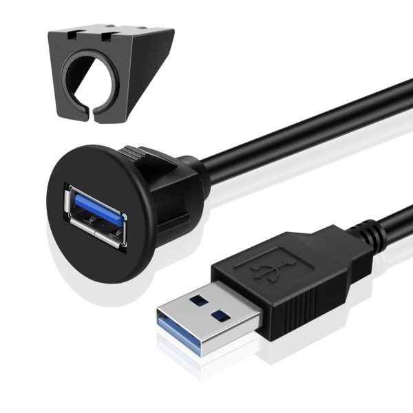 TNP USB 3.0 Flush Mount Cable w/ Buckle, Dashboard Panel Dash Mount 1 Port USB Socket Plug Jack Connector Extension Wire Cord Water Resistant Male to Female (1.8M / 6FT)