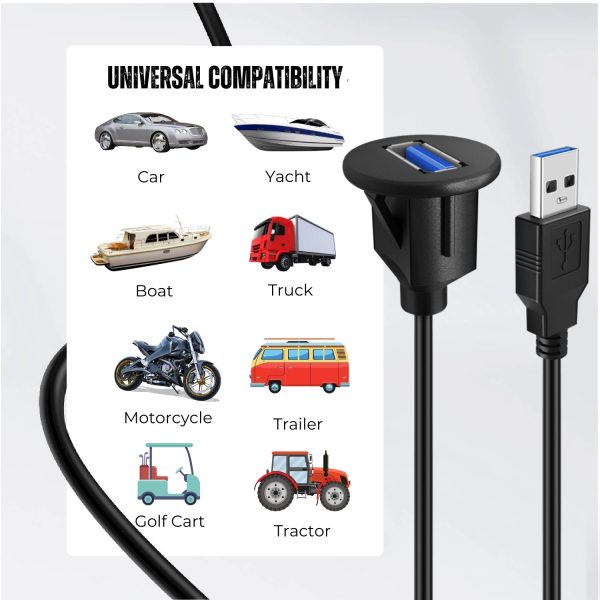 TNP USB 3.0 Flush Mount Cable w/ Buckle, Dashboard Panel Dash Mount 1 Port USB Socket Plug Jack Connector Extension Wire Cord Water Resistant Male to Female (1.8M / 6FT) - Image 2