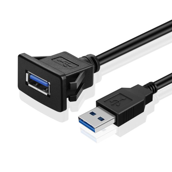 TNP USB 3.0 Flush Mount Cable w/ Buckle (Square) Dashboard Panel Dash Mount 1 Port USB Socket Plug Jack Connector Extension Wire Cord Water Resistant Male to Female (1M / 3FT)