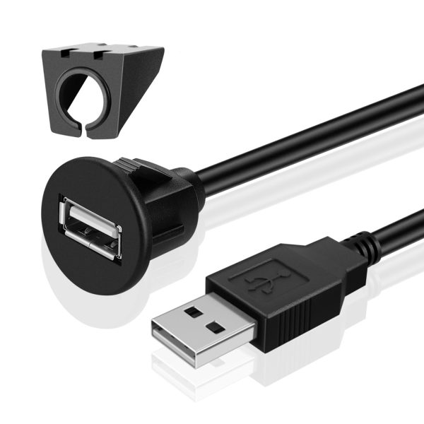 TNP USB Flush Mount Cable w/ Buckle- Dashboard Panel Dash Mount 1 Port USB Socket Plug Jack Connector Extension Wire Cord Water Resistant Male to Female (1.8M / 6FT)