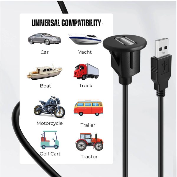 TNP USB Flush Mount Cable w/ Buckle- Dashboard Panel Dash Mount 1 Port USB Socket Plug Jack Connector Extension Wire Cord Water Resistant Male to Female (1.8M / 6FT) - Image 2
