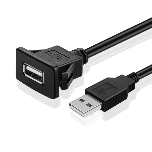 TNP USB Flush Mount Cable w/ Buckle (Square)- Dashboard Panel Dash Mount 1 Port USB Socket Plug Jack Connector Extension Wire Cord Water Resistant Male to Female (1.8M / 6FT)
