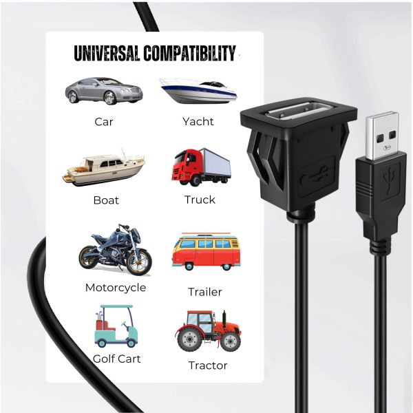 TNP USB Flush Mount Cable w/ Buckle (Square)- Dashboard Panel Dash Mount 1 Port USB Socket Plug Jack Connector Extension Wire Cord Water Resistant Male to Female (1.8M / 6FT) - Image 2