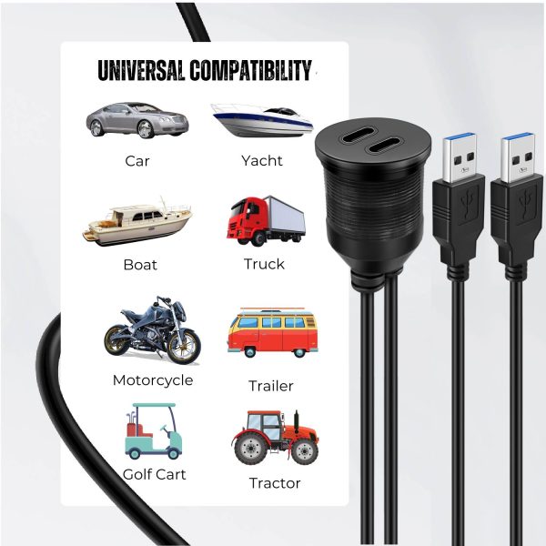 TNP USB C 3.0 Flush Mount Cable, Dual USB Extension Cable 3ft 1M for Car Dashboard with Dash Panel Mount, 2 Port Type A Male to C Female Socket Connector Adapter Cord for Boat Motorcycle Vehicle - Image 2
