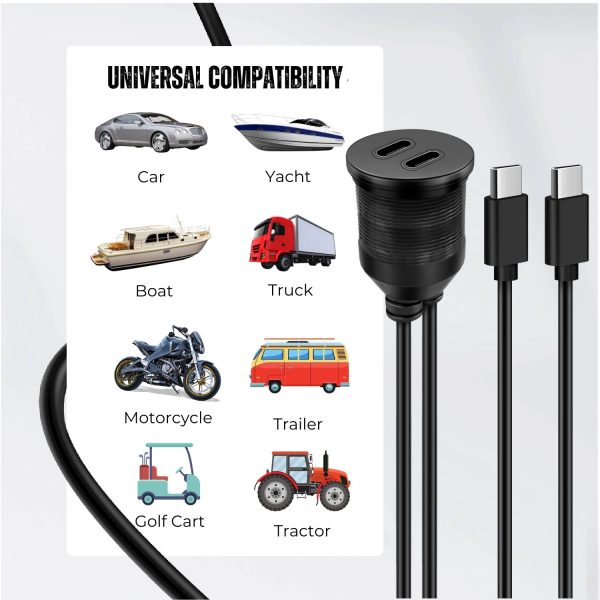 TNP USB C 3.0 Flush Mount Cable, Dual USB Extension Cable 3ft 1M for Car Dashboard with Dash Panel Mount, 2 Port Type C Male to Female Socket Connector Adapter Cord for Boat Marine Motorcycle Vehicle - Image 2