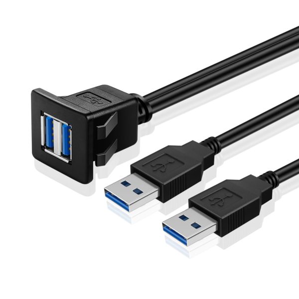TNP Dual USB 3.0 Flush Mount Cable w/ Buckle (Square)- Dashboard Panel Dash Mount 2 Ports Dual USB Socket Plug Jack Connector Extension Wire Cord Water Resistant Male to Female (1M / 3FT)