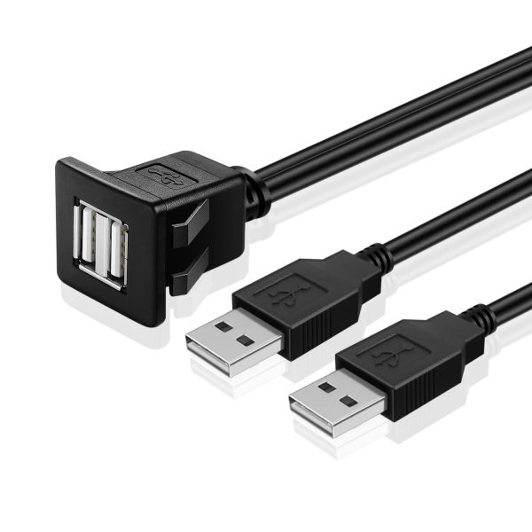 TNP Dual USB Flush Mount Cable w/ Buckle (Square)- Dashboard Panel Dash Mount 2 Ports Dual USB Socket Plug Jack Connector Extension Wire Cord Water Resistant Male to Female (1.8M / 6FT)