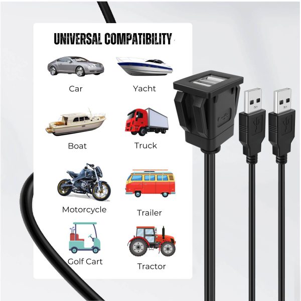 TNP Dual USB Flush Mount Cable w/ Buckle (Square)- Dashboard Panel Dash Mount 2 Ports Dual USB Socket Plug Jack Connector Extension Wire Cord Water Resistant Male to Female (1.8M / 6FT) - Image 2