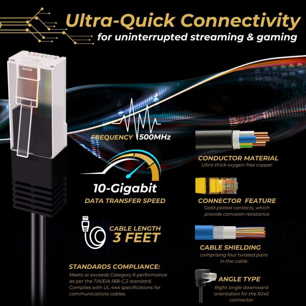 TNP Cat6 Ethernet Cable (Right Angle Down, 3 FT) - RJ45 90 Degree Network Connector 500 MHz 10 Gigabit Gold Plated Patch Plug Wire LAN Cord For PS4 Fire-Stick Xbox One Smart TV Gaming & Computer - Image 3