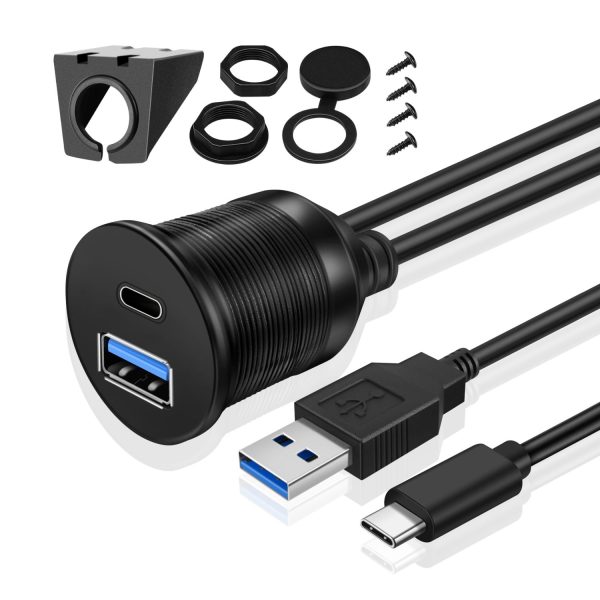 TNP USB C + USB 3.0 Flush Mount Cable, Dual USB Extension Cable 6ft 2M for Car Dashboard with Dash Panel Mount 2 USB Type A + C Male to Female Socket Connector Adapter Cord for Boat Motorcycle Vehicle