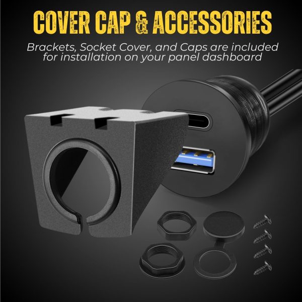 TNP USB C + USB 3.0 Flush Mount Cable, Dual USB Extension Cable 6ft 2M for Car Dashboard with Dash Panel Mount 2 USB Type A + C Male to Female Socket Connector Adapter Cord for Boat Motorcycle Vehicle - Image 6