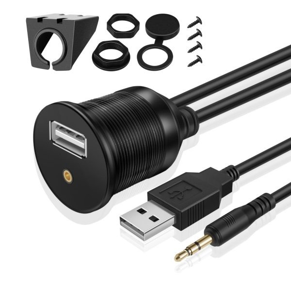 TNP USB AUX Flush Mount Cable, Dashboard Panel Dash Mount USB + 3.5mm AUX 1/8" Audio Jack Port Socket Plug Water Resistant Connector Extension Wire Cord f/ Car Truck Trailer Boat Motorcycle (1M / 3FT)