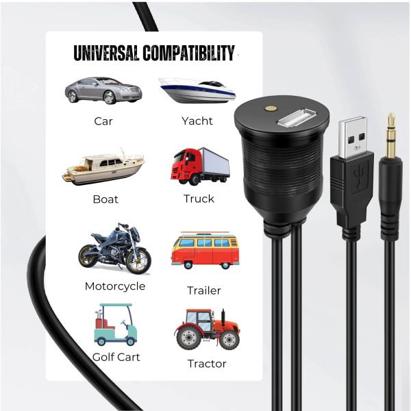 TNP USB AUX Flush Mount Cable, Dashboard Panel Dash Mount USB + 3.5mm AUX 1/8" Audio Jack Port Socket Plug Water Resistant Connector Extension Wire Cord f/ Car Truck Trailer Boat Motorcycle (1M / 3FT) - Image 2