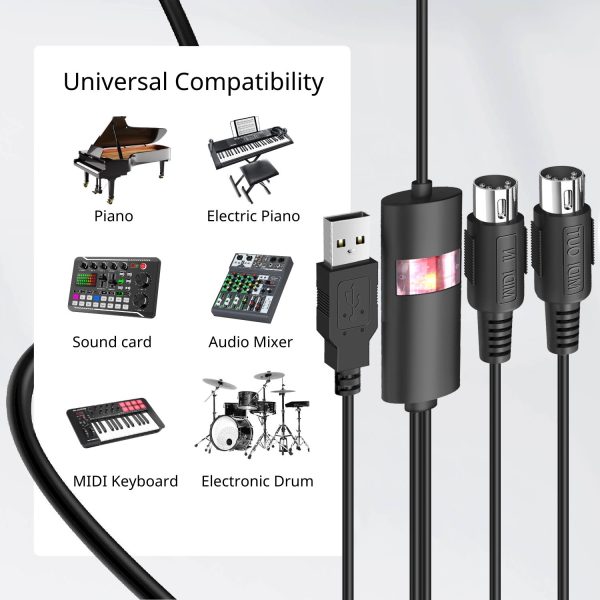 TNP Midi to USB Cable Interface Converter - IN OUT Midi Cable Host Adapter Plug Controller Wire Cord For Keyboard Synthesizer Device to Mac Pc Computer Laptop iPad iPhone Music Studio (Black 6 FT) - Image 5