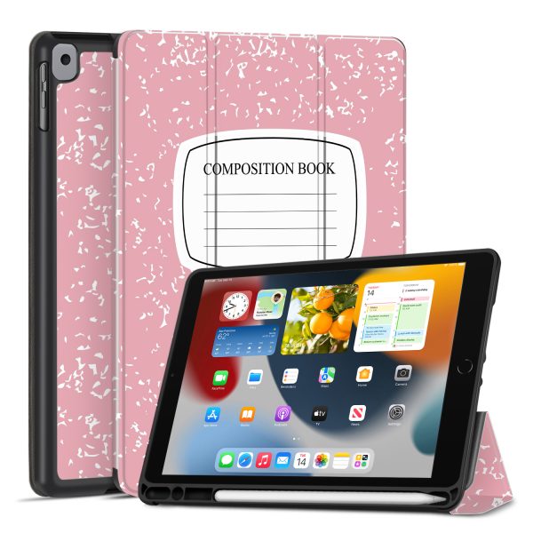 TNP Case for iPad 9th Gen 2021/iPad 8th 2020/iPad 7th 2019 Generation Protective Cover with Pencil Holder - 10.2 inch Slim Soft TPU Trifold Stand PU Leather Folio - Composition Book Pink