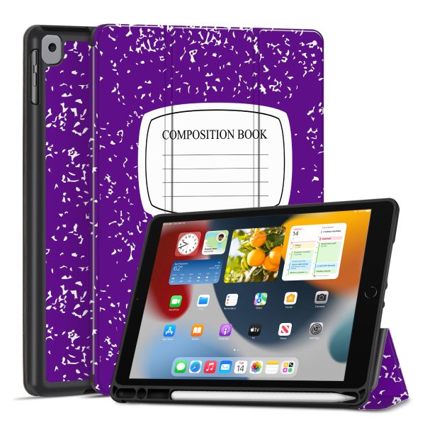 TNP Case for iPad 9th Gen 2021/iPad 8th 2020/iPad 7th 2019 Generation Protective Cover with Pencil Holder - 10.2 inch Slim Soft TPU Trifold Stand PU Leather Folio - Composition Book Purple
