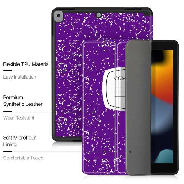 TNP Case for iPad 9th Gen 2021/iPad 8th 2020/iPad 7th 2019 Generation Protective Cover with Pencil Holder - 10.2 inch Slim Soft TPU Trifold Stand PU Leather Folio - Composition Book Purple - Image 6