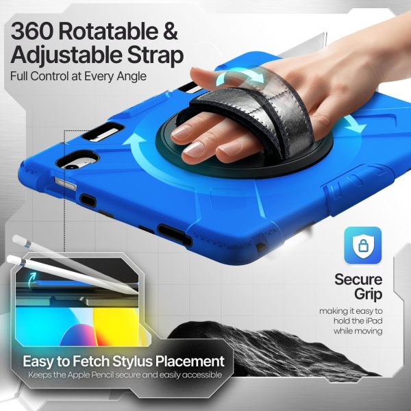 TNP Protective Case for iPad 10.9 Inch 10th Generation 2022 - Shockproof Cover Case with Pencil Holder, Rotating Handle, Adjustable Stand & Shoulder Strap (Model: A2696, A2757, A2777), Blue - Image 4