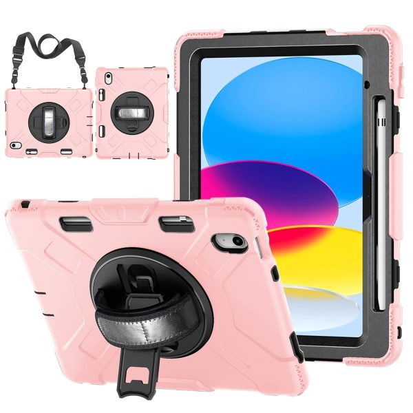 TNP Protective Case for iPad 10.9 Inch 10th Generation 2022 - Shockproof Cover Case with Pencil Holder, Rotating Handle, Adjustable Stand & Shoulder Strap (Model: A2696, A2757, A2777), Pink Pastel