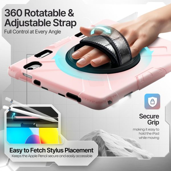 TNP Protective Case for iPad 10.9 Inch 10th Generation 2022 - Shockproof Cover Case with Pencil Holder, Rotating Handle, Adjustable Stand & Shoulder Strap (Model: A2696, A2757, A2777), Pink Pastel - Image 4
