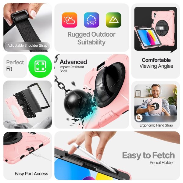 TNP Protective Case for iPad 10.9 Inch 10th Generation 2022 - Shockproof Cover Case with Pencil Holder, Rotating Handle, Adjustable Stand & Shoulder Strap (Model: A2696, A2757, A2777), Pink Pastel - Image 7