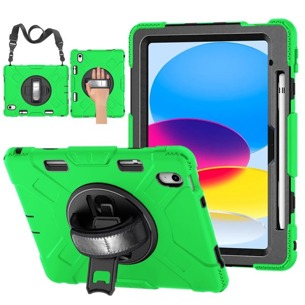 TNP Protective Case for iPad 10.9 Inch 10th Generation 2022 - Shockproof Cover Case with Pencil Holder, Rotating Handle, Adjustable Stand & Shoulder Strap (Model: A2696, A2757, A2777), Green