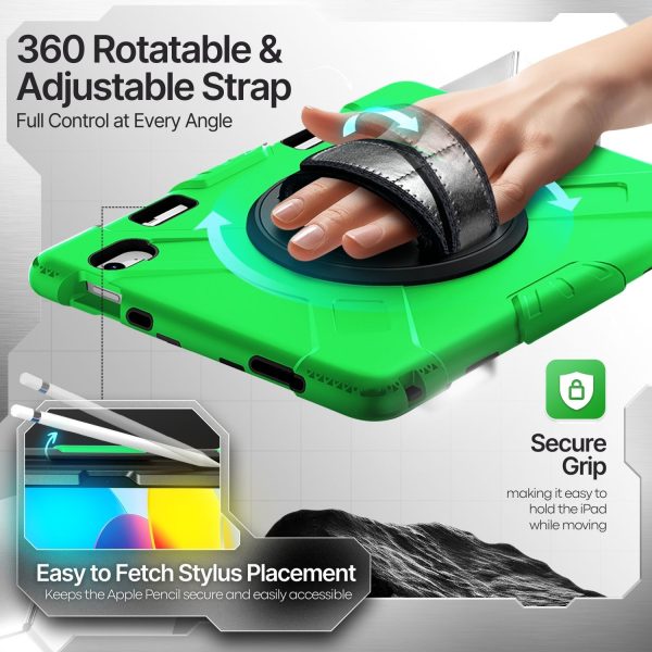 TNP Protective Case for iPad 10.9 Inch 10th Generation 2022 - Shockproof Cover Case with Pencil Holder, Rotating Handle, Adjustable Stand & Shoulder Strap (Model: A2696, A2757, A2777), Green - Image 4