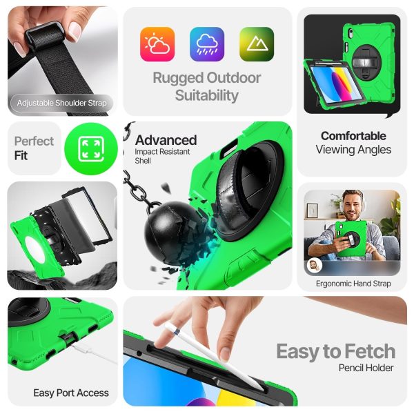 TNP Protective Case for iPad 10.9 Inch 10th Generation 2022 - Shockproof Cover Case with Pencil Holder, Rotating Handle, Adjustable Stand & Shoulder Strap (Model: A2696, A2757, A2777), Green - Image 7