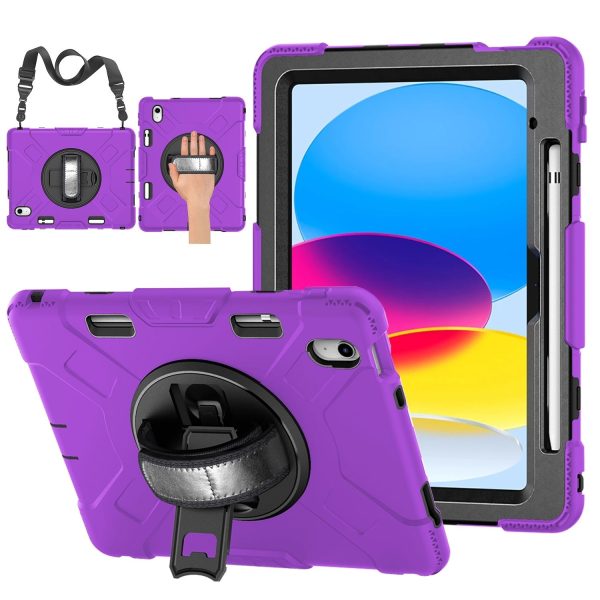 TNP Protective Case for iPad 10.9 Inch 10th Generation 2022 - Shockproof Cover Case with Pencil Holder, Rotating Handle, Adjustable Stand & Shoulder Strap (Model: A2696, A2757, A2777), Purple
