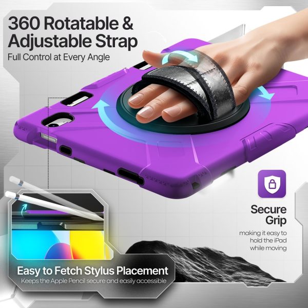 TNP Protective Case for iPad 10.9 Inch 10th Generation 2022 - Shockproof Cover Case with Pencil Holder, Rotating Handle, Adjustable Stand & Shoulder Strap (Model: A2696, A2757, A2777), Purple - Image 4