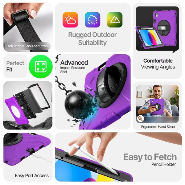 TNP Protective Case for iPad 10.9 Inch 10th Generation 2022 - Shockproof Cover Case with Pencil Holder, Rotating Handle, Adjustable Stand & Shoulder Strap (Model: A2696, A2757, A2777), Purple - Image 7
