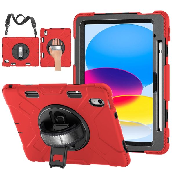 TNP Protective Case for iPad 10.9 Inch 10th Generation 2022 - Shockproof Cover Case with Pencil Holder, Rotating Handle, Adjustable Stand & Shoulder Strap (Model: A2696, A2757, A2777), Red