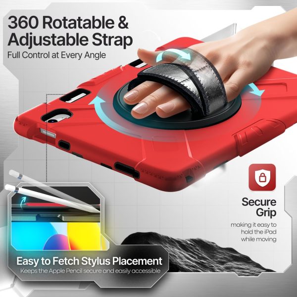 TNP Protective Case for iPad 10.9 Inch 10th Generation 2022 - Shockproof Cover Case with Pencil Holder, Rotating Handle, Adjustable Stand & Shoulder Strap (Model: A2696, A2757, A2777), Red - Image 4