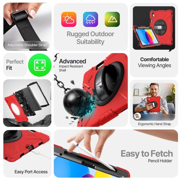 TNP Protective Case for iPad 10.9 Inch 10th Generation 2022 - Shockproof Cover Case with Pencil Holder, Rotating Handle, Adjustable Stand & Shoulder Strap (Model: A2696, A2757, A2777), Red - Image 7
