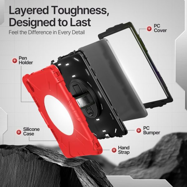 TNP Protective Case for iPad 10.9 Inch 10th Generation 2022 - Shockproof Cover Case with Pencil Holder, Rotating Handle, Adjustable Stand & Shoulder Strap (Model: A2696, A2757, A2777), Red - Image 8