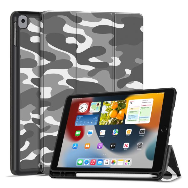 TNP Case for iPad 9th Gen 2021/iPad 8th 2020/iPad 7th 2019 Generation Protective Cover with Pencil Holder - 10.2 inch Slim Soft TPU Trifold Stand PU Leather Folio Auto Sleep Wake - Camouflage Gray