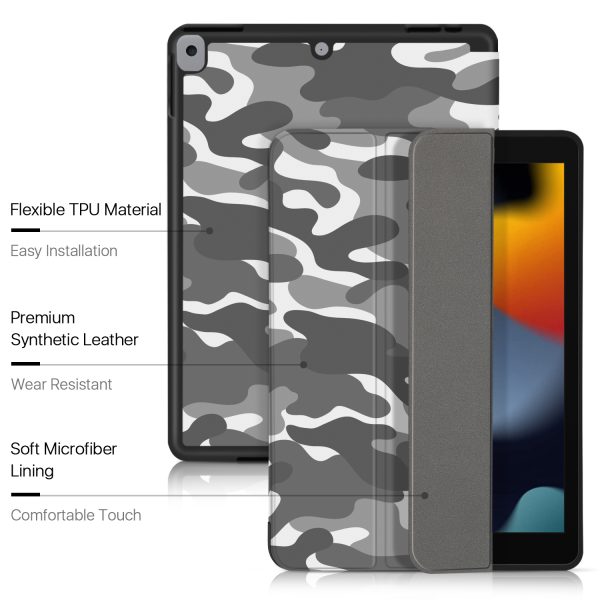 TNP Case for iPad 9th Gen 2021/iPad 8th 2020/iPad 7th 2019 Generation Protective Cover with Pencil Holder - 10.2 inch Slim Soft TPU Trifold Stand PU Leather Folio Auto Sleep Wake - Camouflage Gray - Image 6