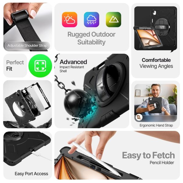 TNP Protective Case for iPad Air 13 Inch M2 6th 2024 & iPad Pro 12.9" 6th/5th/4th/3rd Gen (2022 2021 2020 2018) - Shockproof Cover w/ Pencil Holder, Handle, Adjustable Stand & Shoulder Strap, Black - Image 7