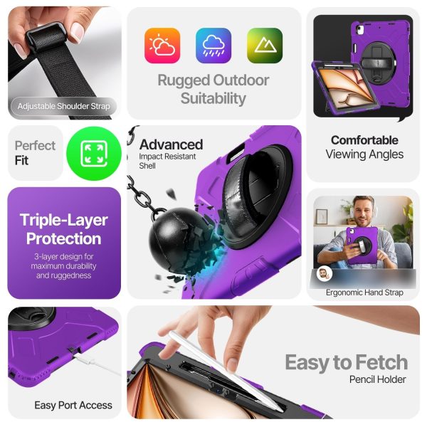 TNP Protective Case for iPad Air 13 Inch M2 6th 2024 & iPad Pro 12.9" 6th/5th/4th/3rd Gen (2022 2021 2020 2018) - Shockproof Cover w/ Pencil Holder, Handle, Adjustable Stand & Shoulder Strap, Purple - Image 7
