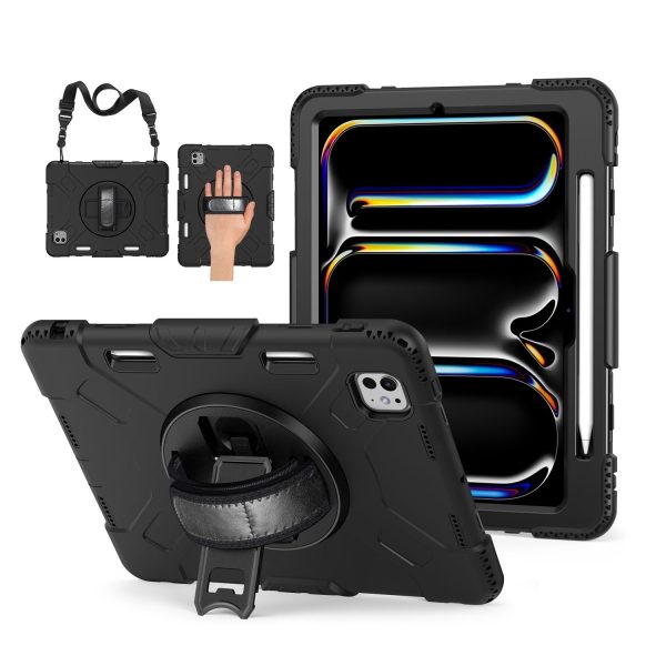 TNP Protective Case for iPad Pro 11 Inch M4 5th Generation 2024 - Shockproof Cover Case with Pencil Holder, Rotating Handle, Adjustable Stand & Shoulder Strap (Model: A2836/A2837/A3006), Black