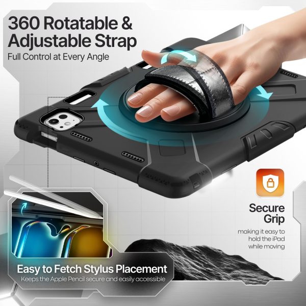 TNP Protective Case for iPad Pro 11 Inch M4 5th Generation 2024 - Shockproof Cover Case with Pencil Holder, Rotating Handle, Adjustable Stand & Shoulder Strap (Model: A2836/A2837/A3006), Black - Image 4