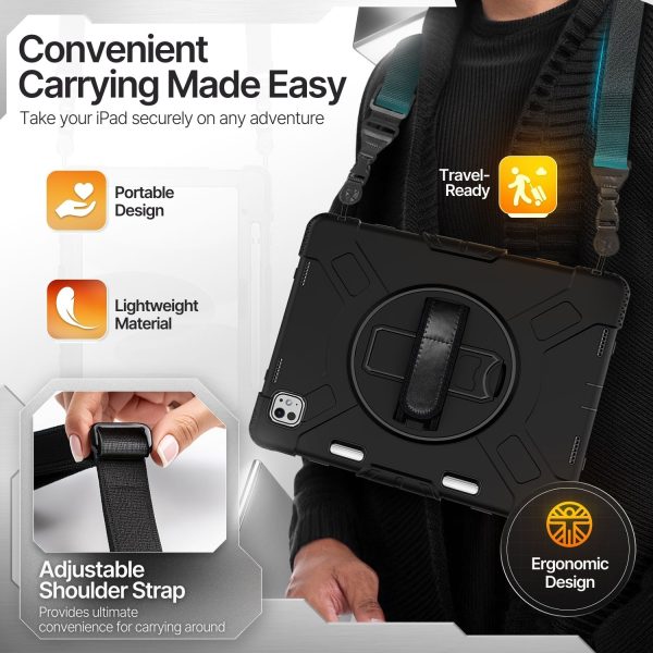 TNP Protective Case for iPad Pro 11 Inch M4 5th Generation 2024 - Shockproof Cover Case with Pencil Holder, Rotating Handle, Adjustable Stand & Shoulder Strap (Model: A2836/A2837/A3006), Black - Image 5