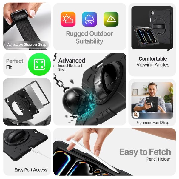 TNP Protective Case for iPad Pro 11 Inch M4 5th Generation 2024 - Shockproof Cover Case with Pencil Holder, Rotating Handle, Adjustable Stand & Shoulder Strap (Model: A2836/A2837/A3006), Black - Image 7