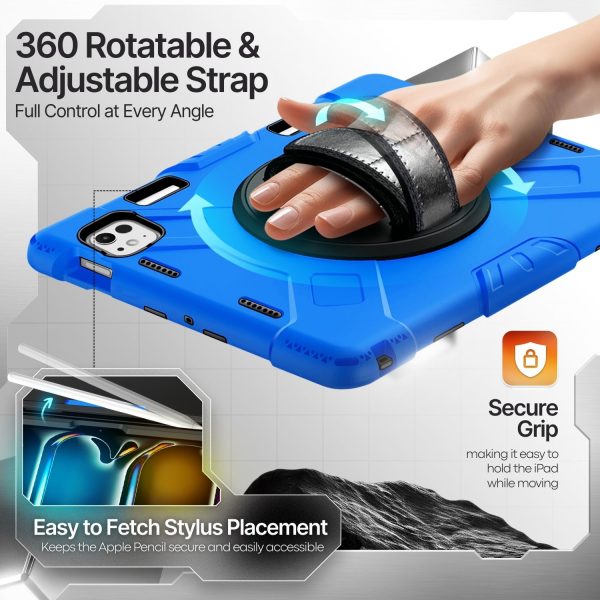 TNP Protective Case for iPad Pro 11 Inch M4 5th Generation 2024 - Shockproof Cover Case with Pencil Holder, Rotating Handle, Adjustable Stand & Shoulder Strap (Model: A2836/A2837/A3006), Blue - Image 4