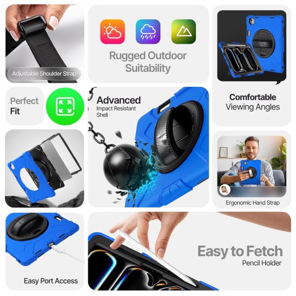 TNP Protective Case for iPad Pro 11 Inch M4 5th Generation 2024 - Shockproof Cover Case with Pencil Holder, Rotating Handle, Adjustable Stand & Shoulder Strap (Model: A2836/A2837/A3006), Blue - Image 7