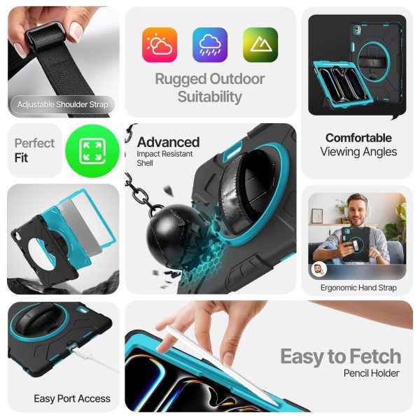 TNP Protective Case for iPad Pro 11 Inch M4 5th Generation 2024 - Shockproof Cover Case with Pencil Holder, Rotating Handle, Adjustable Stand & Shoulder Strap (Model: A2836/A2837/A3006), Mint - Image 7