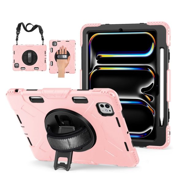 TNP Protective Case for iPad Pro 11 Inch M4 5th Generation 2024 - Shockproof Cover Case with Pencil Holder, Rotating Handle, Adjustable Stand & Shoulder Strap (Model: A2836/A2837/A3006), Pink