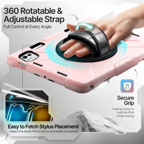 TNP Protective Case for iPad Pro 11 Inch M4 5th Generation 2024 - Shockproof Cover Case with Pencil Holder, Rotating Handle, Adjustable Stand & Shoulder Strap (Model: A2836/A2837/A3006), Pink - Image 4
